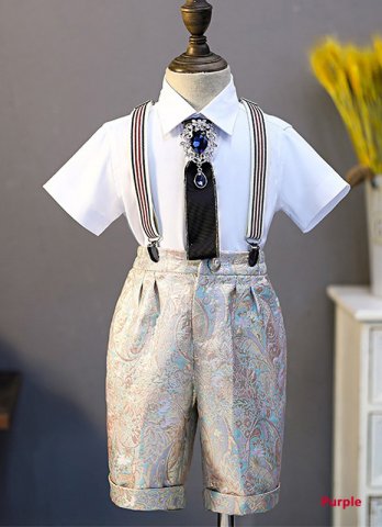 Boys Brocade Jacquard Suspenders Suit Kids Wedding Dinner Prom 3 Pcs Formal Wear