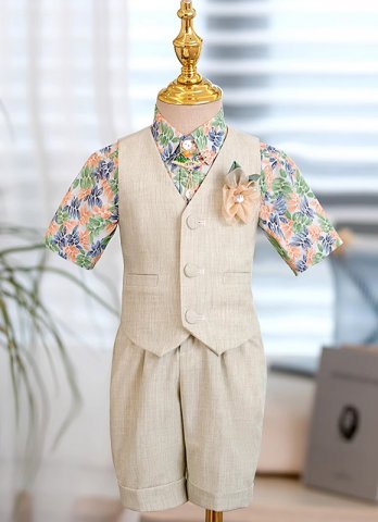 3pcs Boys Textured Formal Beige Suit Shorts Vest Slim Fit for Pageboy Wedding