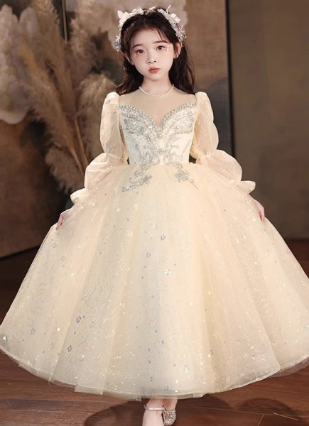 Children White Long Sleeve Sequin Wedding Engagement Formal Dress