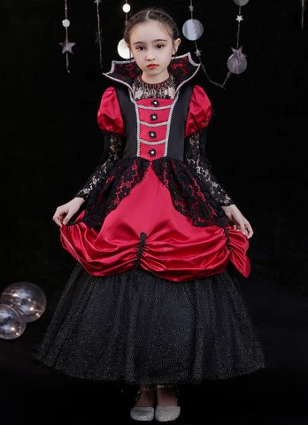 Girls Halloween Vampire Witch Cosplay Dress Kids Renaissance Balck Lace Evening Party Dresses