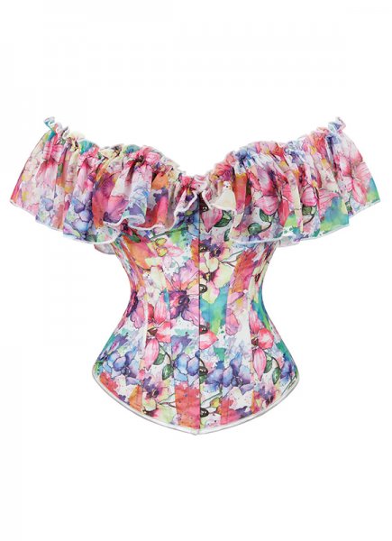 Chiffon Printed Off Shoulder Bustier With Ruffled Neckline