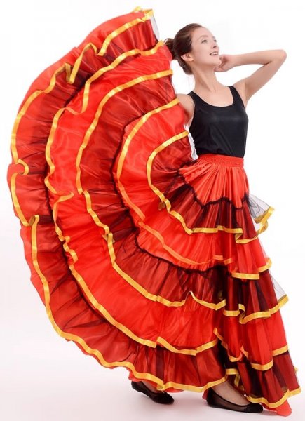 Flamenco Skirts Satin Full Circle Skirt Ruffle Border Gypsy Belly Dance Tribal Tired Skirt 720 Degree