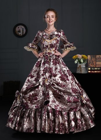 2022年歴史的な紫色の花のジャカードビクトリア朝時代のドレスヴィンテージマスカレードボールガウン再現劇場服