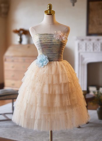 Champagne Off-the-Shoulder Pearl Short Multi Layered Cake Party Dress