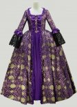 Purple Floral Brocade Marie Antoinette Dress Long Lace Sleeves Floor Length Historical Baroque Rococo Queen Gown Themed Period Clothing