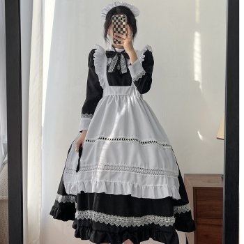 Black Long Sleeves British Aristocratic Maid Costume Plus Size Cute Japanese Uniform