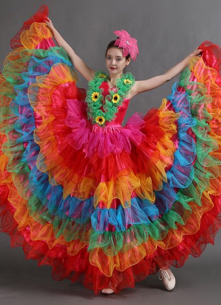 Women Samba Carnival Dance Fancy Dress Tulle Ruffled Rainbow Full Circle Skirt Tulle Dresses