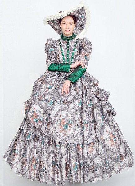 ハイエンドグレーフローラルヴィンテージコートパーティードレスヒストリカルピリオド再現シアターコスチューム