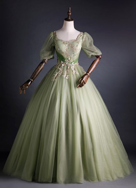 Ball Gown Princess Short Sleeves Floor-Length Tulle Elegant Dress With Sequin Appliques