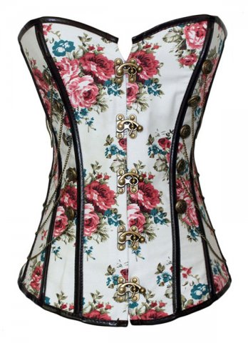 Vintage White Printed Underbust Corset with Chains
