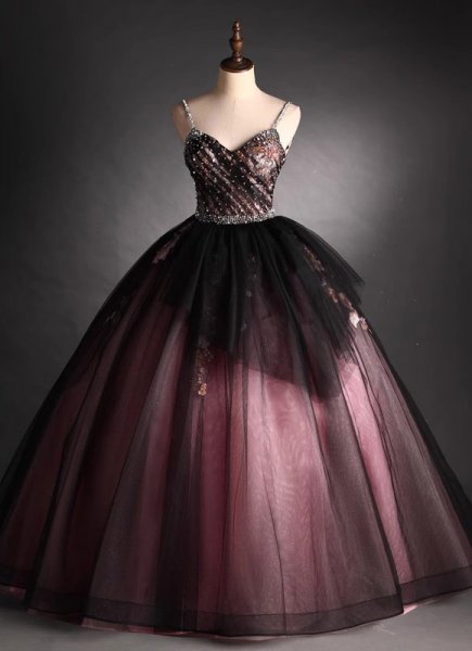 Spaghetti Straps Black Tulle Embroidery Formal Prom Dress