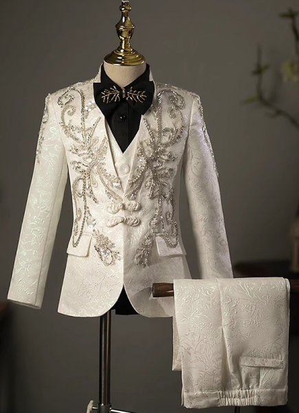 Kids Boys White Brocade Jacquard Beading 4 Piece Formal Blazer Suits Set for Party