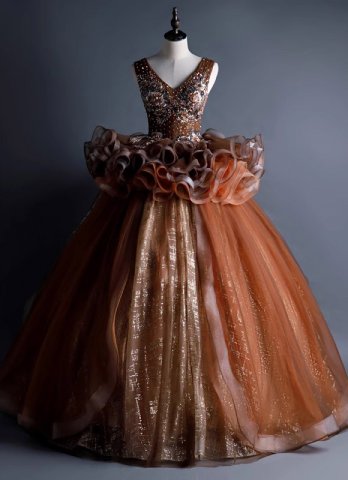 Embroidered Beaded V-neck Flower Waist Formal Dress