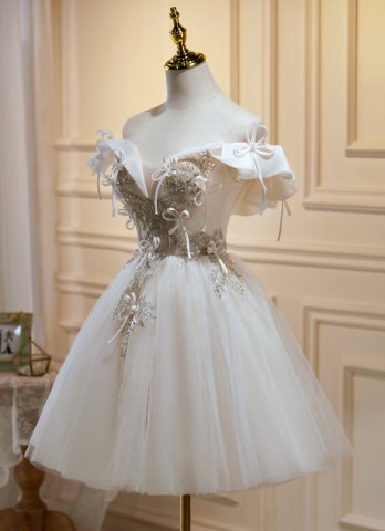 Beige Sweetheart Tulle Beading Crystal Homecoming Dress Girls Christmas party Cocktail Dress