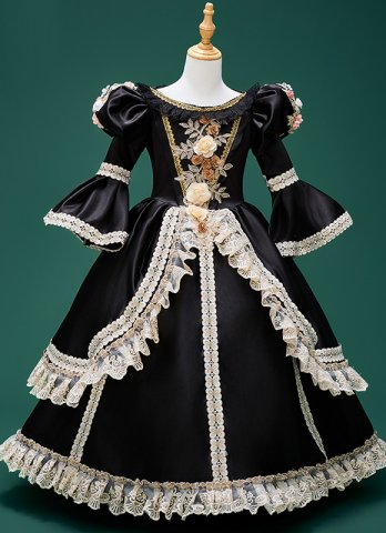 Halloween Children Black Ball Gown Girls Victorian Renaissance Masquerade Dress Theater Costume