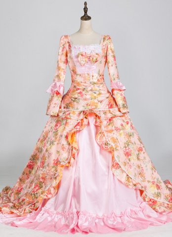 レディゴールドフローラルブロケード1860年代ヴィンテージビクトリア朝のエプロンドレスルネッサンスボールガウン