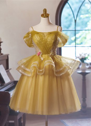 Yellow Spaghetti Straps Sequin Short Formal Dress Women's Sparkling Cocktail Evening Gown