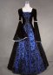 Medieval Victorian Velvet Blue Floral Print Brocade Dress