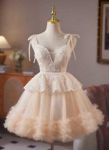 A-line Spaghetti Straps Cascading Ruffles Mini Tulle Tutu Dresses