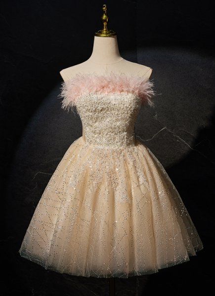 Champagne Feather Sparkly Beading Sequin Formal Cocktail Dress