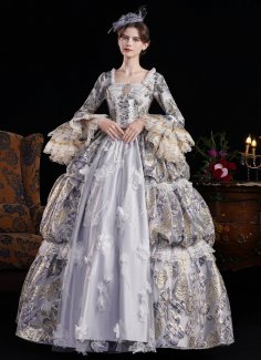Women Gray Jacquard Multi Layered Long Lace Sleeves Floor Length Festive Formal Ball Gown Masquerade Party Dress