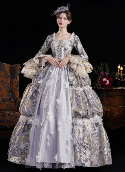 Women Gray Jacquard Multi Layered Long Lace Sleeves Floor Length Festive Formal Ball Gown Masquerade Party Dress