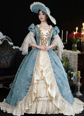 Renaissance Vintage Blue Jacquard Princess Masquerade Party Gown Historical Women Victorian Dress