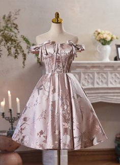 Pink Vintage Off-the-Shoulder Jacquard Brocade Party Dress
