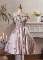 Pink Vintage Off-the-Shoulder Jacquard Brocade Party Dress