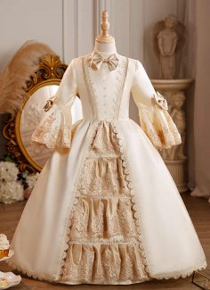 Champagne Girls Kids Satin Flower Formal Party Ball Gown Dress for Children