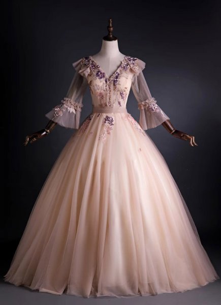 Custom-made Tulle Embroidery Light Pink Long Sleeve Formal Dress