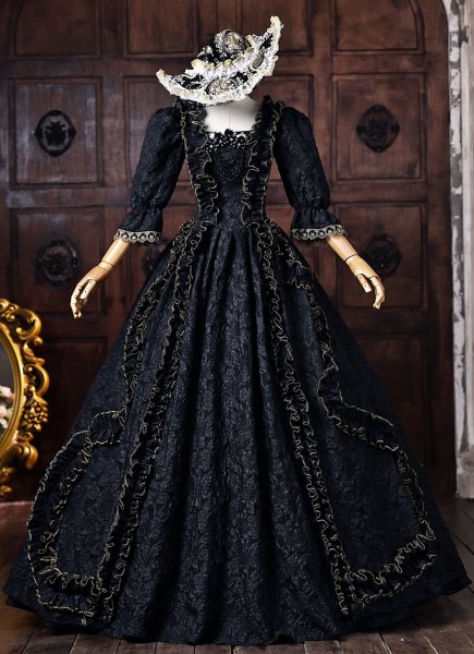 Vintage Black Floral Cotton Gothic Victorian Ball Gown Half Puff Sleeves Floor Length Formal Party Dress