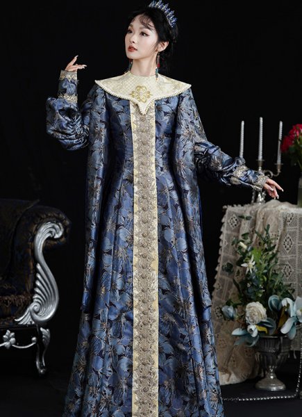 Renaissance Medieval Deep Blue Floral Jacquard Robe Reenactment Theater Drama Dress