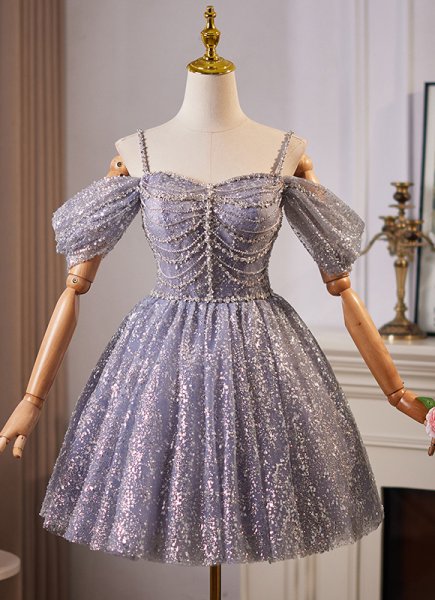 Sparkly Purple Spaghetti Straps Sexy Beading Mini Cocktail Dress