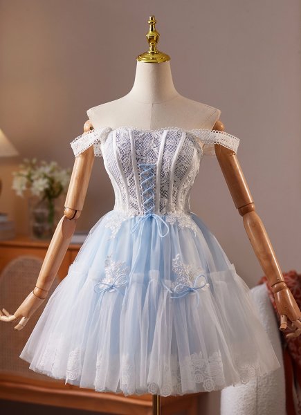 Blue A-line Straps Off-the-Shoulder Lace Mini Corset Prom Homecoming Dress