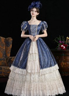 Women Dark Blue Lace Ruffled Short Sleeve Southern Belle Masquerade Dress
