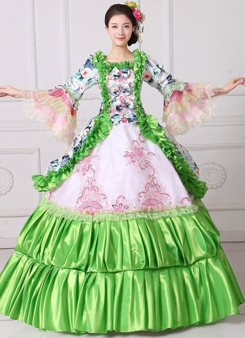 新しいグリーンフローラルプリントマスカレードボールガウンサザンロココベルマリーアントワネットドレス再現演劇服ベスティド