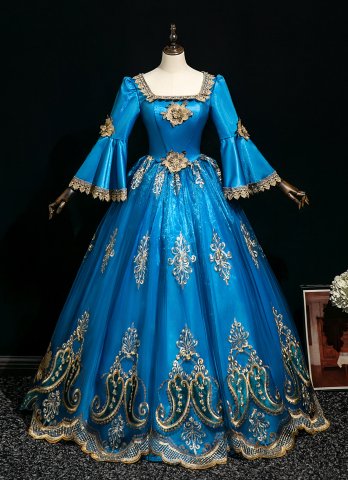 Noble Retro Royal Blue Renaissance Masked Ball Gown Prom Dress Appliques Flower Long Formal Dress