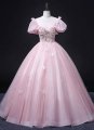 Princess Pink Puff Sleeves Long Graduation Dress