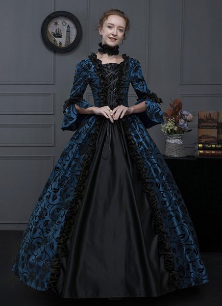 Renaissance Medieval Victorian Ball Gowns Blue Brocade Lace Vintage Historical Dresses Vampire Costume