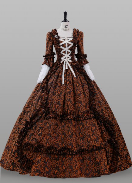 Coffee Floral Jacquard Renaissance Fair Colonial Lady Princess Gothic Victorian Dress Theater Costume