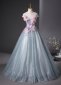 Applique Flower Glitter Tulle Long Prom Dress