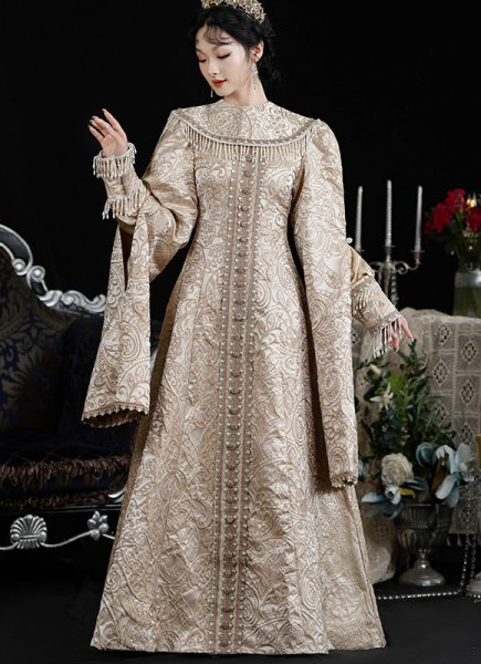 Medieval Champagne Jacquard French Princess Dress Histoircal Reenactment Theater Drama Robe