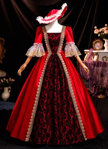 Renaissance Retro Wine Red Halloween Ball Gown Prom Dresses Half Sleeves Square Neckline Lace Floor Length Masked Formal Dress