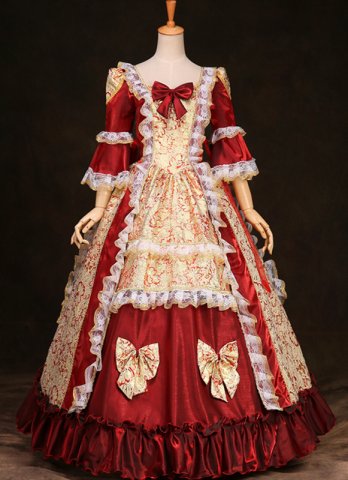 ワインレッドフローラルブロケードロココレースボウロリータビクトリア朝時代の女性用ドレス