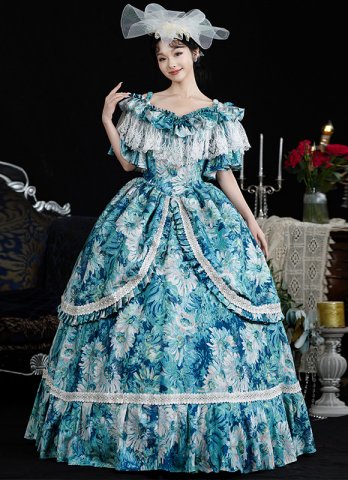 Blue Floral Jacquard Southern Bell Off the Shoulder Masquerade Ball Gown