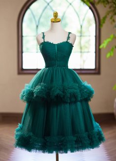 Dark Green Spaghetti Straps Ruffle Double-layer Cake Party Tulle Dress