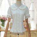 Summer White Chiffon Embroidery Short Sleeve Peter pan Collar Daily Lolita Lace Blouse Women Sweet Shirt Tops