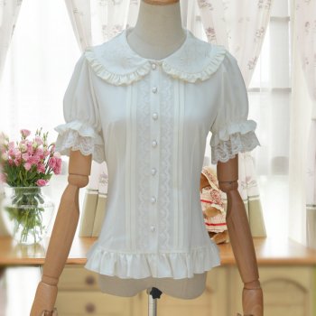 Summer White Chiffon Embroidery Short Sleeve Peter pan Collar Daily Lolita Lace Blouse Women Sweet Shirt Tops