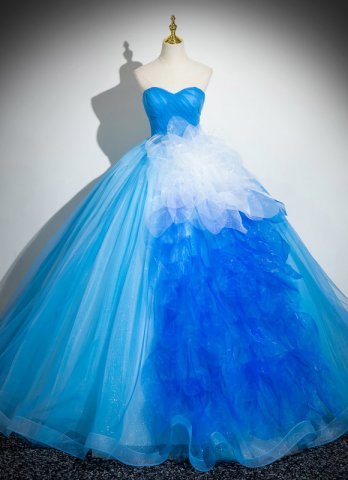 Off The Shoulder Blue Tulle Formal Dress With Flower